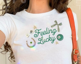 St Patricks Day Baby Tee, St Patty's Day Shirt, Lucky 7 Shirt, Y2K Baby Tee, Lucky Shirt, 90s Baby Tee, Coquette Shirt, Irish Crop Top Shirt