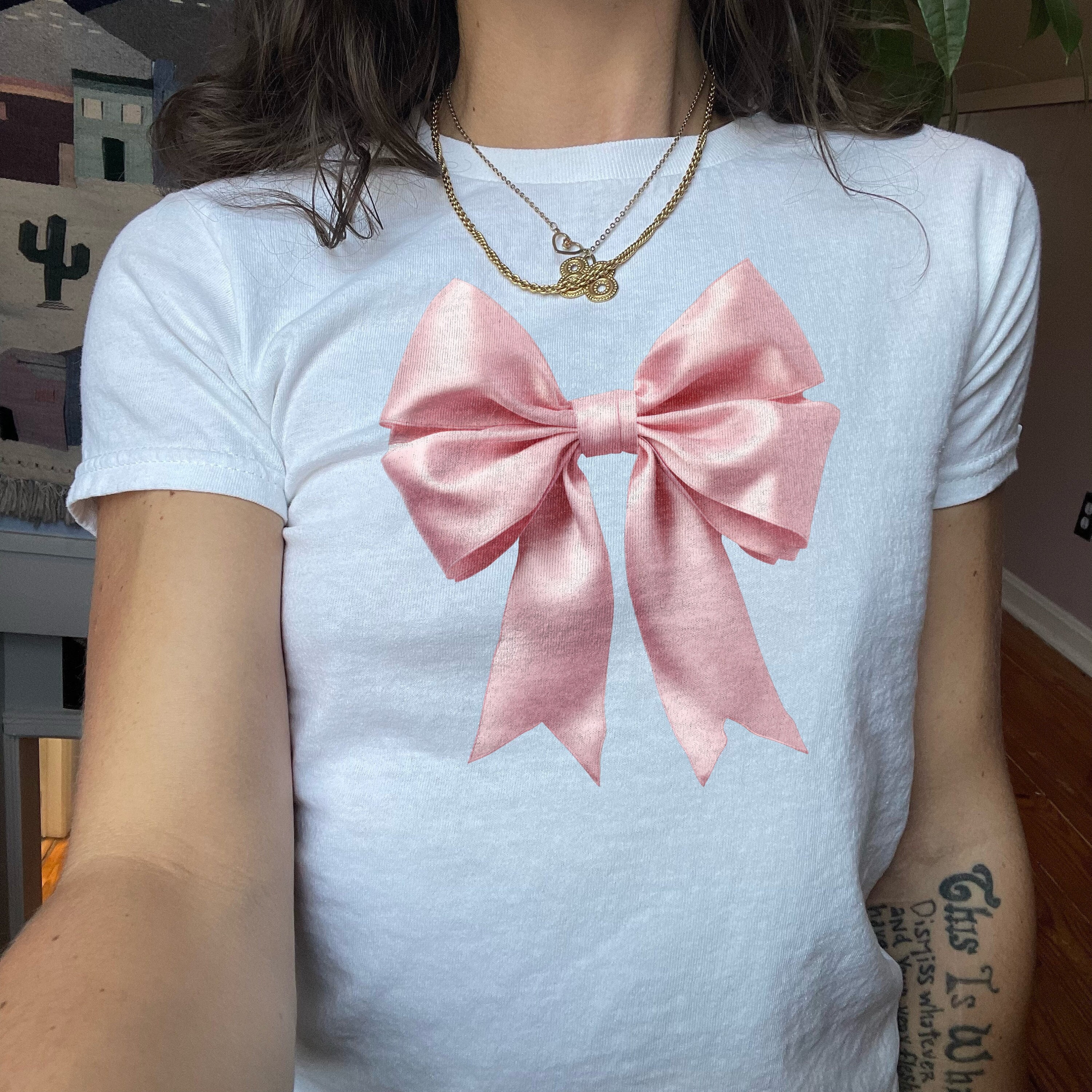 Coquette Pink Ribbon Bow Baby Tee, Downtown Vanilla Girl Aesthetic Pink Bow  Baby Tee, Trending Y2k Bow Baby Tee 