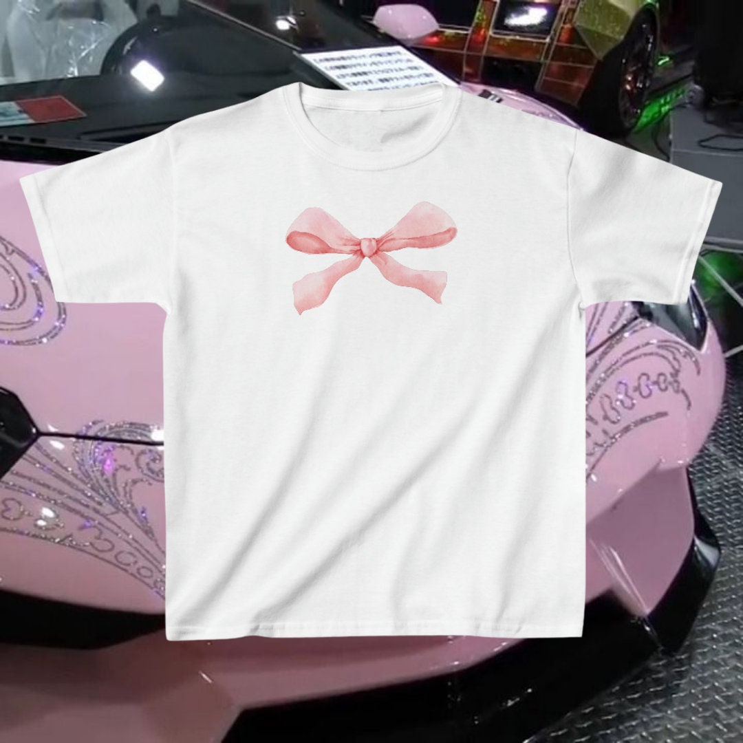 Coquette Pink Ribbon Bow Baby Tee, Downtown Vanilla Girl Aesthetic Pink Bow  Baby Tee, Trending Y2k Bow Baby Tee 
