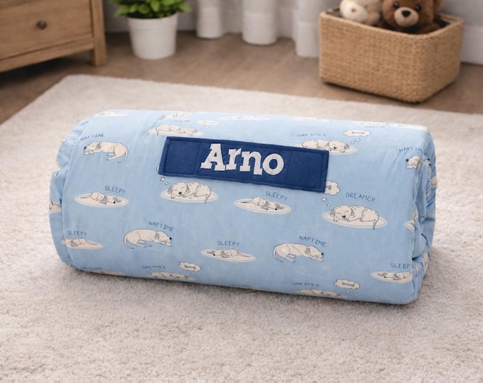 Personalized Puppy Nap Mat – Blue Cotton, Gray Minky Blanket