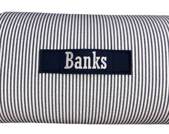 Personalized Navy Seersucker Nap Mat: Minky Blanket, Removable Pillow