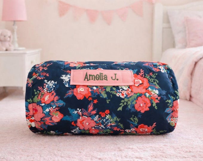 Personalized Toddler Nap Mat – Navy Floral, Coral Minky Blanket