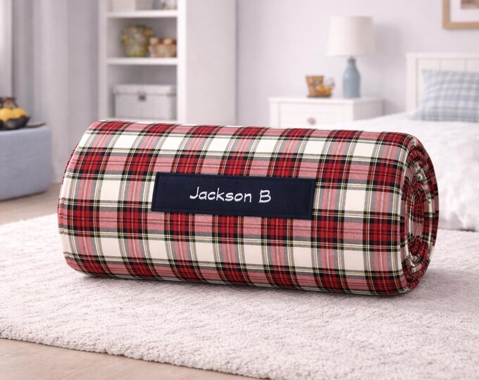 Personalized Red Plaid Toddler Nap Mat: Minky Blanket, Removable Inserts