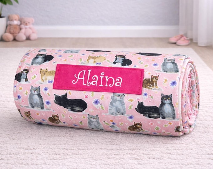 Personalized Toddler Nap Mat With Cat Fabric And Soft Minky Blanket