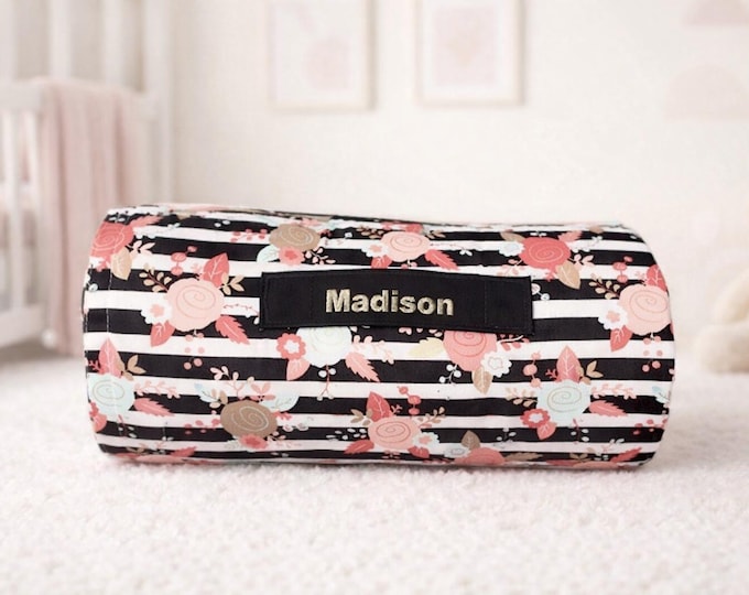 Floral Nap Mat: Mint & Coral, Personalized Embroidered Name