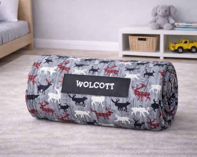 Personalized Preschool Nap Mat – Woodland Deer Design with Soft Minky Blanket & Attached Pillow