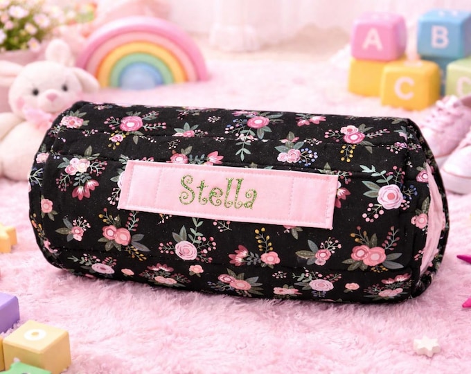 Floral Nap Mat: Black & Pink, Personalized Embroidered Name