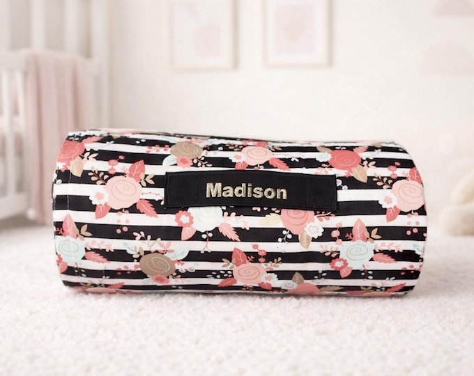Floral Nap Mat: Mint & Coral, Personalized Embroidered Name