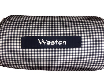 Navy Gingham Elegance: All-in-One Nap Mat with Custom Embroidery for School or Travel – Timeless Comfort, Personalized for Every Adventure