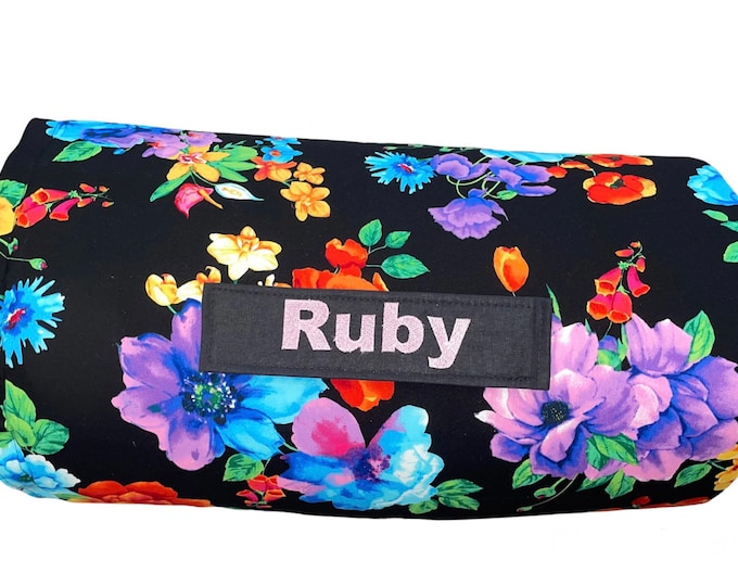 Vibrant Blooms: Black Bright Floral All-in-One Nap Mat with Personalized Embroidered Name – Perfect for Home or School Stylish Comfort