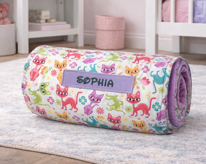 Personalized Cats Nap Mat: Minky Blanket, Removable Pillow