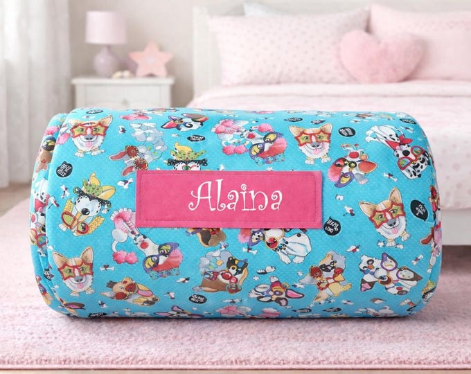 Personalized Puppy Nap Mat | Aqua Cotton, Purple Minky Blanket