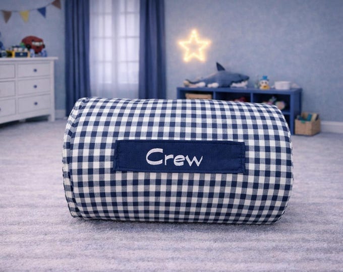 Navy Buffalo Plaid Nap Mat: Embroidered Travel Pillow Blanket