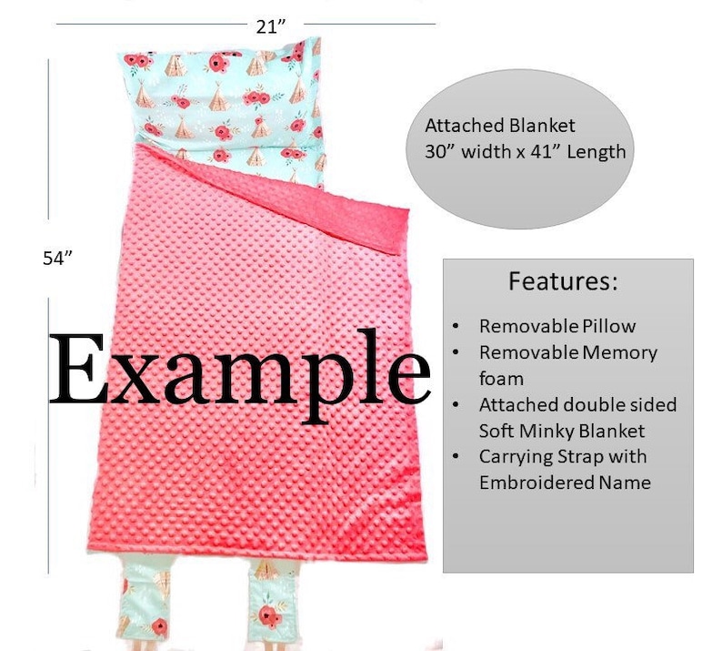 May include: A pink and blue sleeping bag with a removable pillow. The attached blanket is 30 inches wide and 41 inches long. The sleeping bag has a soft minky blanket and a carrying strap. The word "Example" is printed on the sleeping bag.