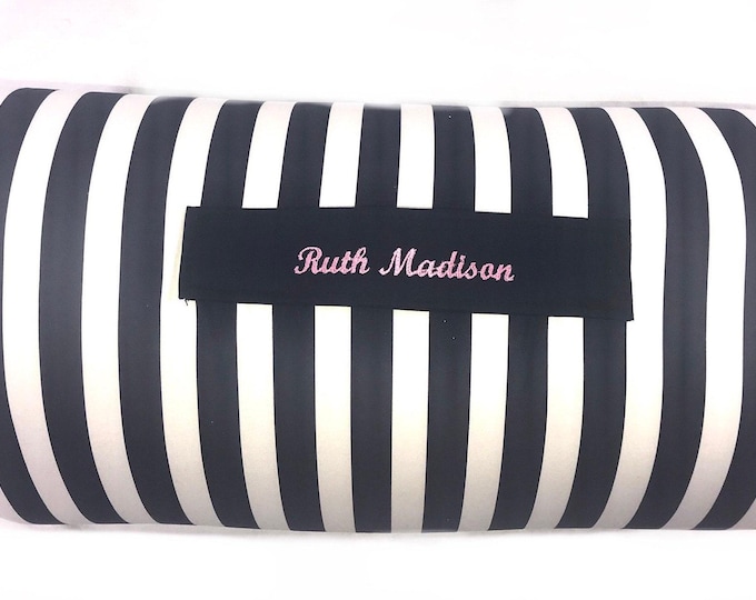 Striped Navy Nap Mat: Embroidered Minky Blanket, Travel Pillow