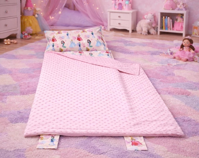 Enchanted Royalty: Pink Disney Princess All-in-One Nap Mat with Personalized Embroidered Name – Regal Comfort for Home or School Adventures