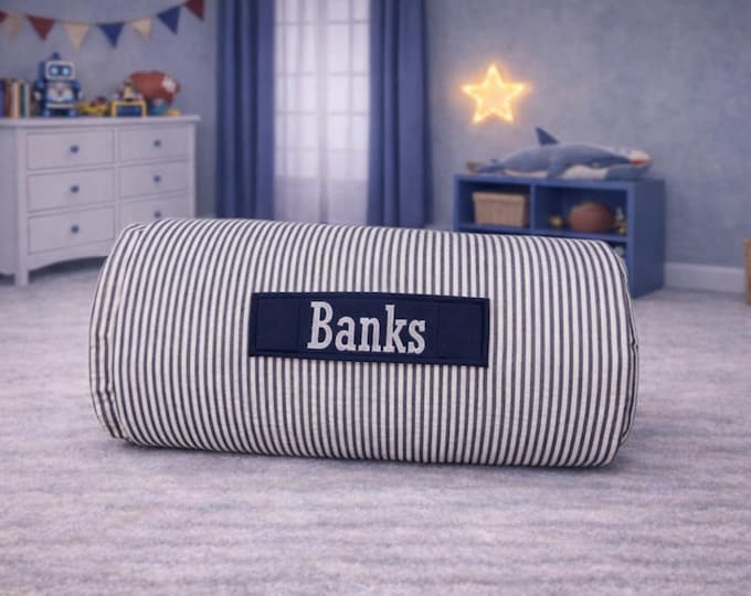 Personalized Navy Seersucker Nap Mat: Minky Blanket, Removable Pillow