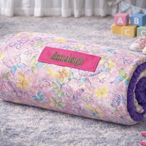Personalized Pink Butterfly Nap Mat: Glitter All-in-One, Removable Pillow