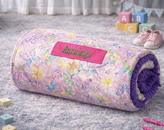 Personalized Pink Butterfly Nap Mat: Glitter All-in-One, Removable Pillow
