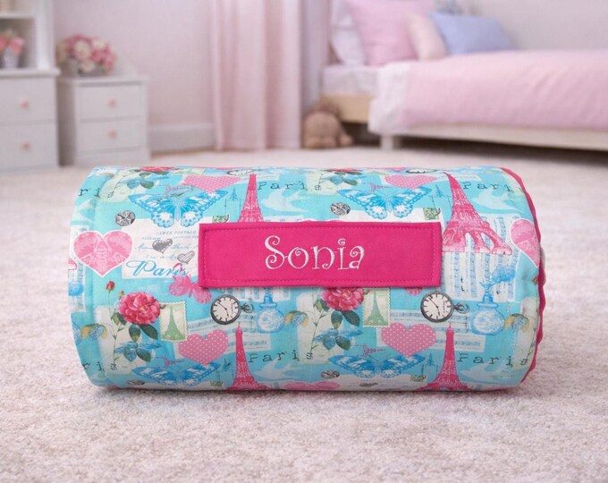 Personalized Paris Toddler Nap Mat, Pink Minky Blanket, Daycare Sleeping Mat