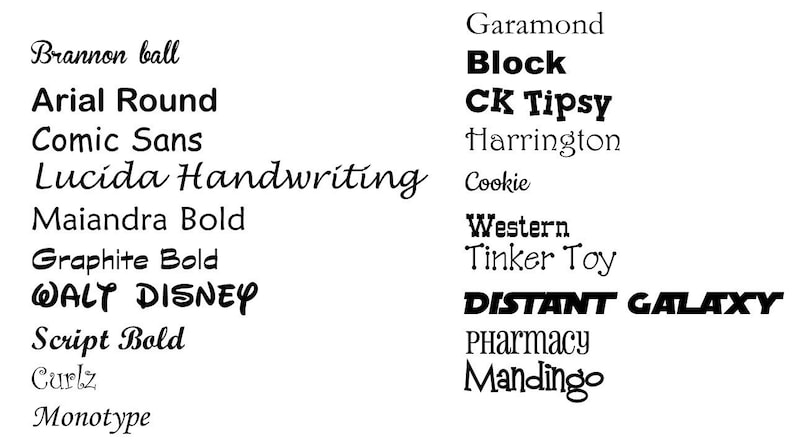 May include: A black and white image showcasing a variety of font styles. The image displays different font names such as "Arial Round", "Comic Sans", "Walt Disney", and "Distant Galaxy". The fonts vary in style, from bold to script.