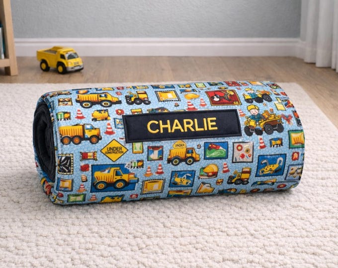 Personalized Construction Nap Mat: Minky Blanket, Removable Pillow