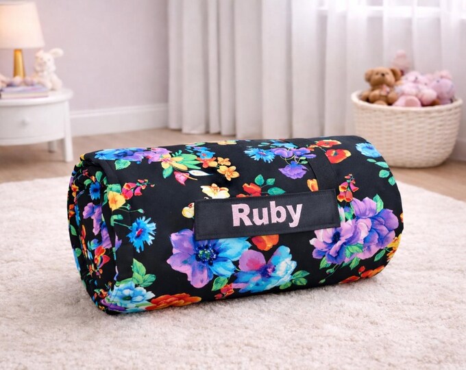 Personalized Floral Toddler Nap Mat with Soft Pink Minky Blanket