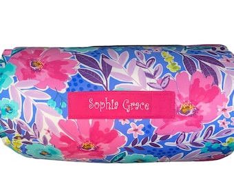 Floral Fantasy: Personalized Bright Pink and Blue Floral Nap Mat for Daycare Serenity and On-the-Go Naptime with Customized Name