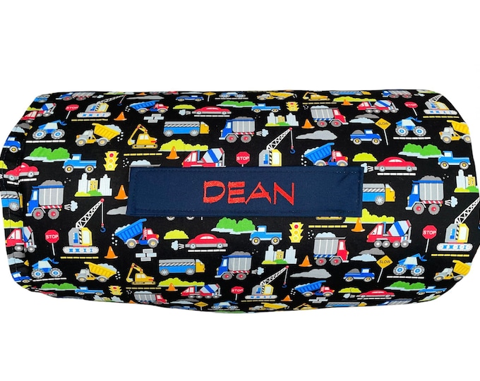 Tiny Builders' Dream: Small Construction Trucks All-Over All-in-One Nap Mat with Custom Embroidered Name – Perfect for Home or School