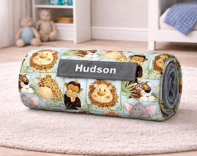 Personalized Toddler Nap Mat | Safari Animals, Gray Minky Blanket