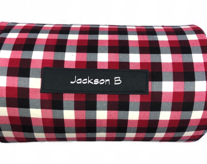 Plaid Perfection: Personalized Red, White, and Black Plaid Nap Mat for Daycare Adventures and On-the-Go Naptime Bliss with Customized Name