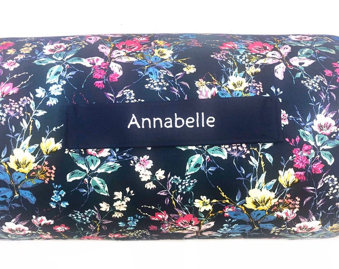 Navy Blooms: Floral-Themed All-in-One Nap Mat with Custom Embroidered Name – Perfect for Home or School Stylish Comfort