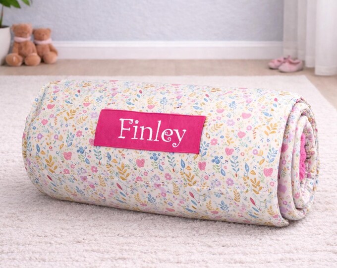 Personalized Floral Toddler Nap Mat with Pink Minky Blanket Removable Pillow Foam Insert Daycare Preschool Nap Mat