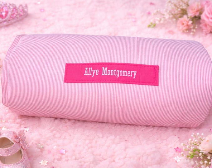 Pink Seersucker Nap Mat: Custom Embroidered Name, Removable Pillow