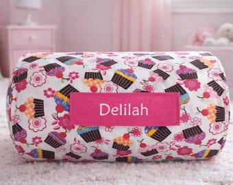 Personalized Toddler Nap Mat – Cupcake Print, Bubblegum Pink Minky