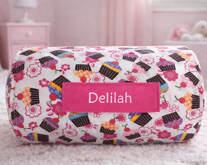 Personalized Toddler Nap Mat – Cupcake Print, Bubblegum Pink Minky