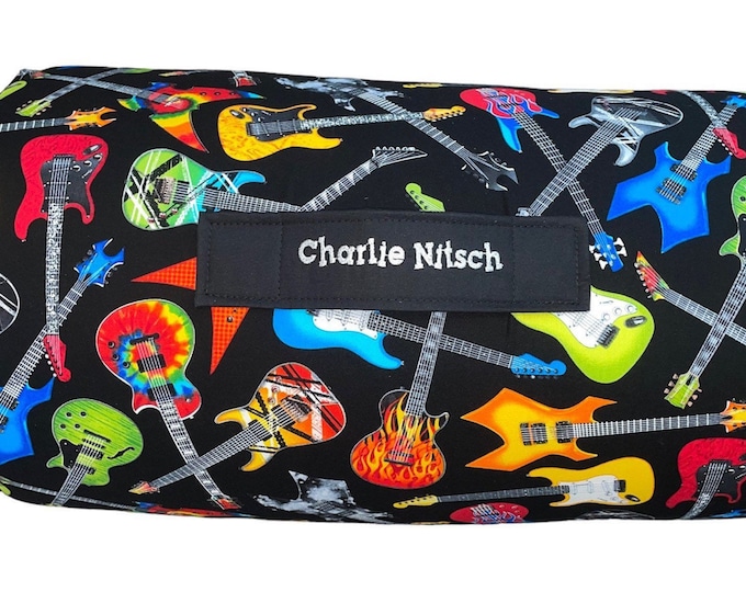 Strumming Rainbows: Personalized Colorful Guitars Nap Mat for Daycare Harmony and On-the-Go Naptime Splash with Customized Name