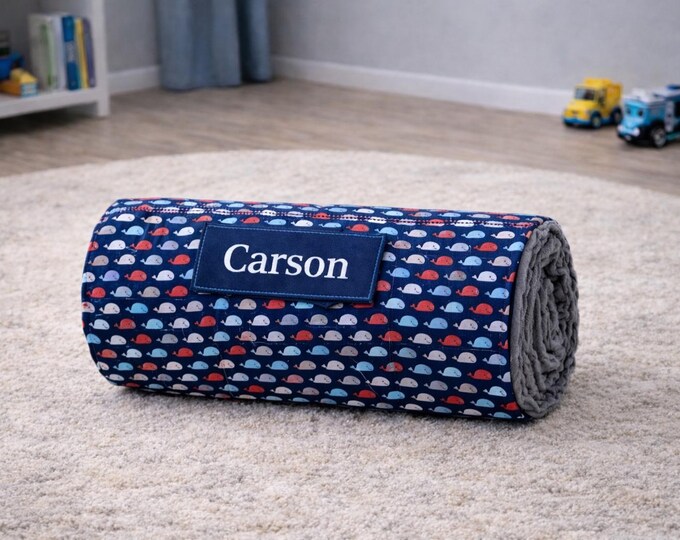 Toddler Nap Mat with Attached Blanket and Pillow Personalized Whale Nap Mat Preschool Daycare Roll Up Travel Mat