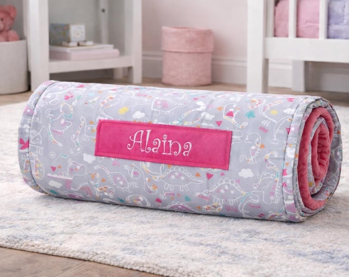 Pink Dinosaur Nap Mat: Personalized Minky Blanket, Travel Bed