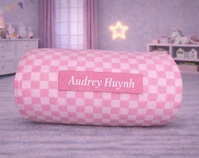 Pink Checkered Nap Mat: Personalized Embroidered Name, Removable Pillow