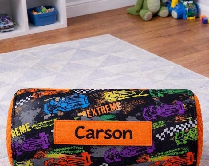 Race Car Toddler Nap Mat: Handmade Minky Blanket, Travel Pillow
