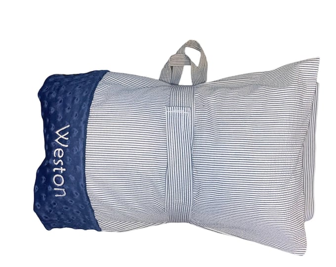 Monogrammed Navy Seersucker Nap Mat: Daycare Kinder Mat with Minky Blanket