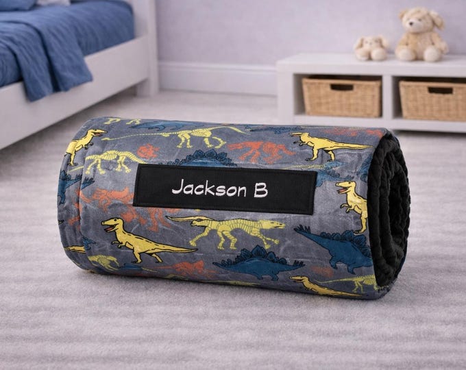 Dino Adventure Toddler Nap Mat with Black Minky Blanket | Personalized Daycare Nap Mat | Preschool Sleep Mat for Boys