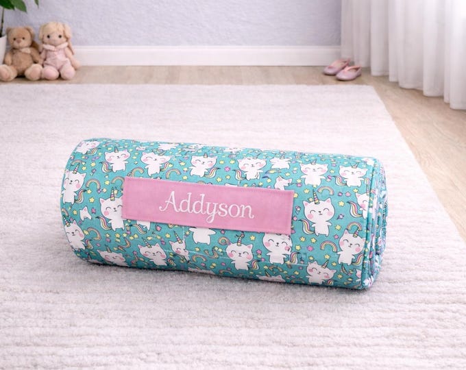 Personalized Unicorn Toddler Nap Mat with Pink Minky Blanket for Daycare and Preschool