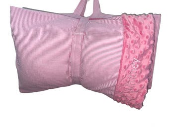 Pink Seersucker Nap Mat Cover Set: Personalized Minky Blanket & Pillowcase