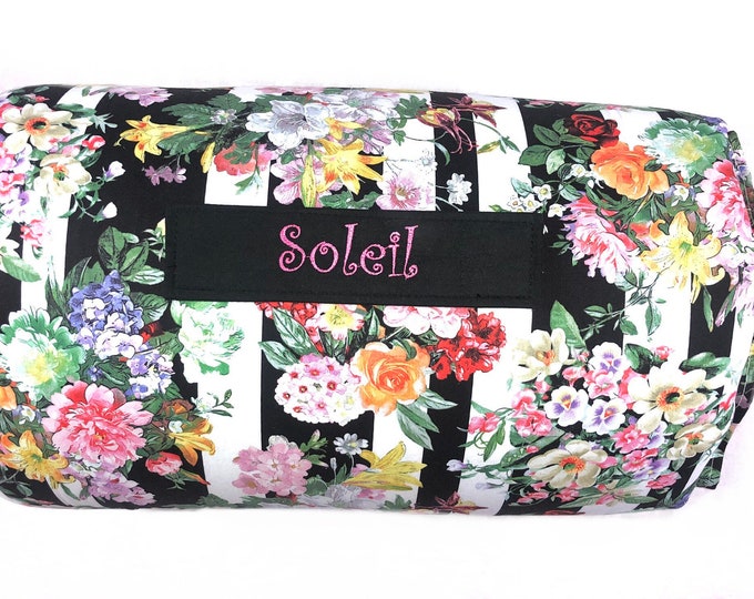 Timeless Blooms: Personalized Floral Black and White Stripe Nap Mat for Daycare Sophistication and On-the-Go Naptime with Customized Name