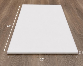 May include: A rectangular white cutting board with a smooth surface. The board features dimensions clearly marked with arrows, indicating a length of 40 inches, a width of 20 inches, and a thickness of 1 inch for this solid white kitchen tool.
