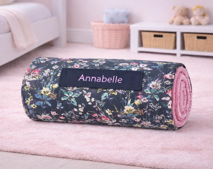 Midnight Garden Floral Toddler Nap Mat with Pink Minky Blanket | Personalized Daycare Sleep Mat