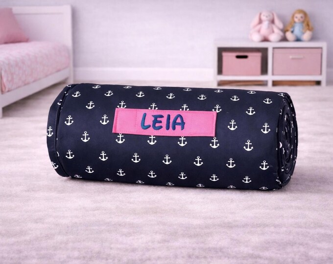 Girl's Navy Anchor Nap Mat: Personalized Embroidered Name, Removable Pillow