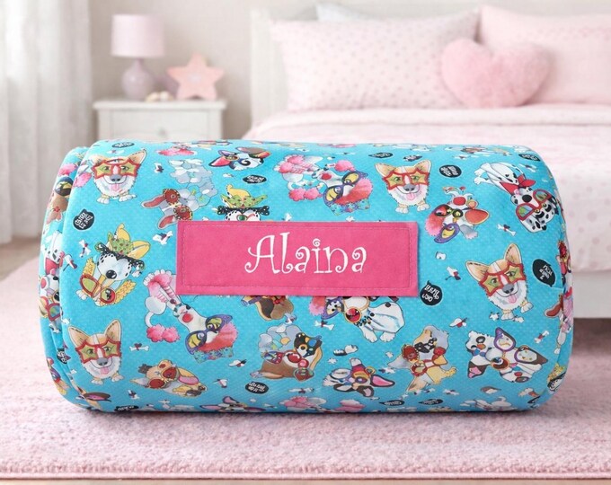 Personalized Puppy Nap Mat | Aqua Cotton, Purple Minky Blanket